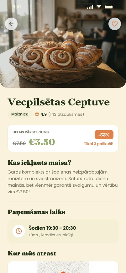Piedāvājuma lapa ar cenu, saturu un paņemšanas laiku